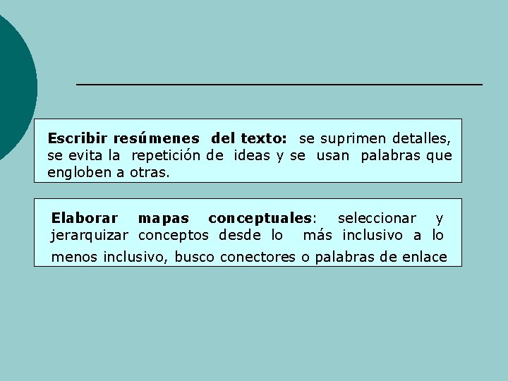 Escribir resúmenes del texto: se suprimen detalles, se evita la repetición de ideas y