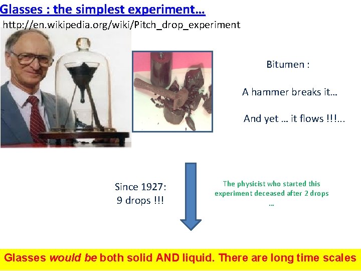 Glasses : the simplest experiment… http: //en. wikipedia. org/wiki/Pitch_drop_experiment Bitumen : A hammer breaks