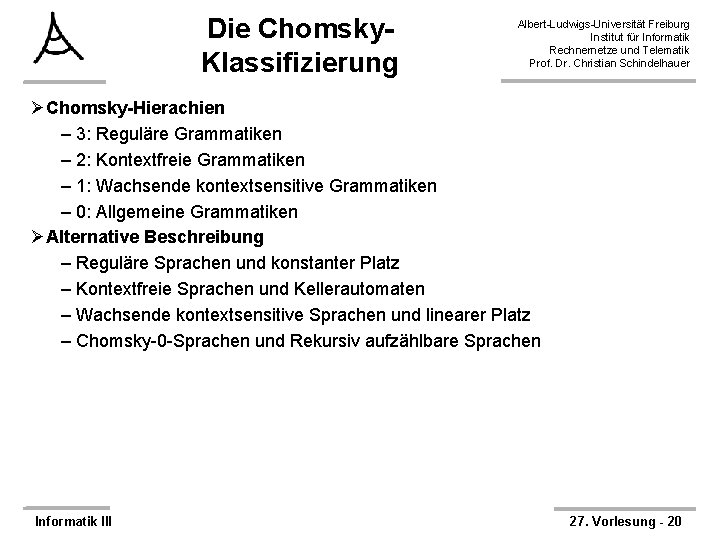 Die Chomsky. Klassifizierung Albert-Ludwigs-Universität Freiburg Institut für Informatik Rechnernetze und Telematik Prof. Dr. Christian