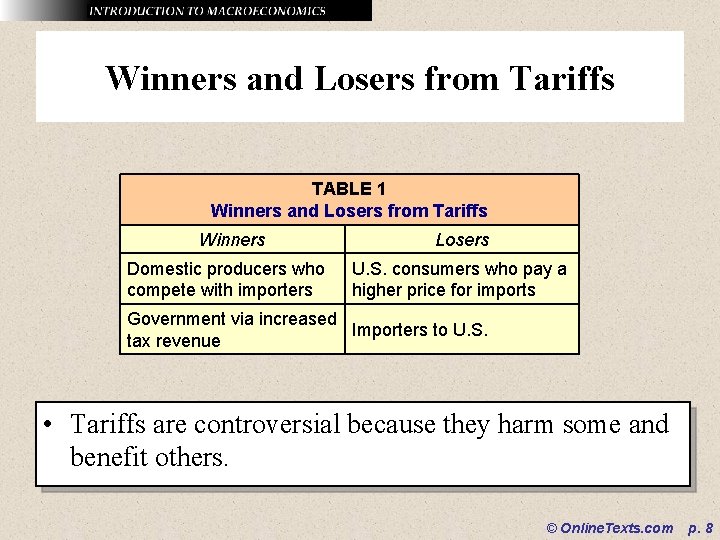 Winners and Losers from Tariffs TABLE 1 Winners and Losers from Tariffs Winners Domestic