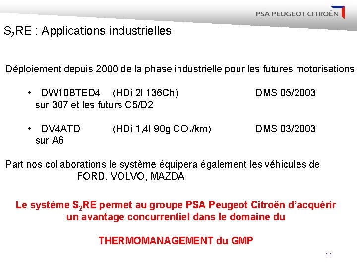 S 2 RE : Applications industrielles Déploiement depuis 2000 de la phase industrielle pour