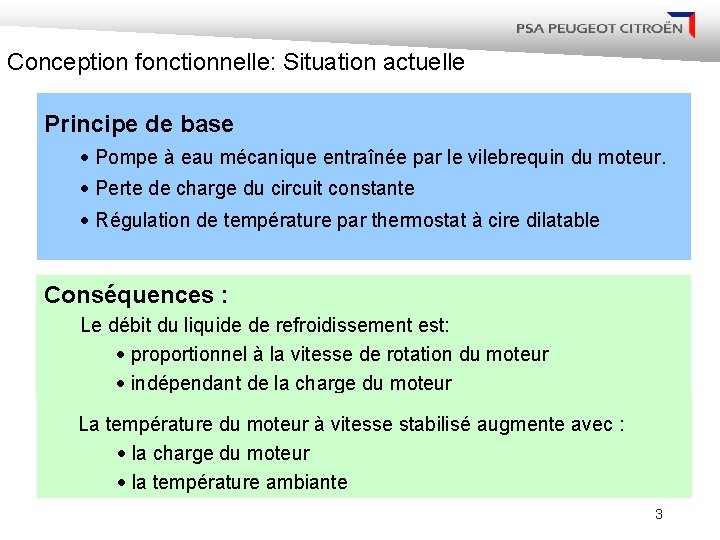 Conception fonctionnelle: Situation actuelle Principe de base · Pompe à eau mécanique entraînée par