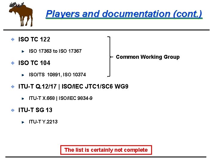 Players and documentation (cont. ) ISO TC 122 ISO 17363 to ISO 17367 Common