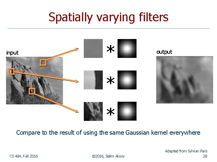 Spatially varying filters input * output * * Compare to the result of using