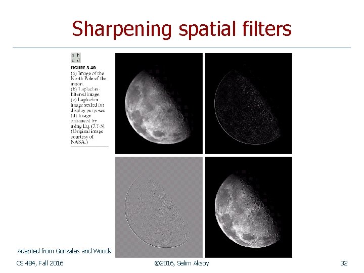 Sharpening spatial filters Adapted from Gonzales and Woods CS 484, Fall 2016 © 2016,