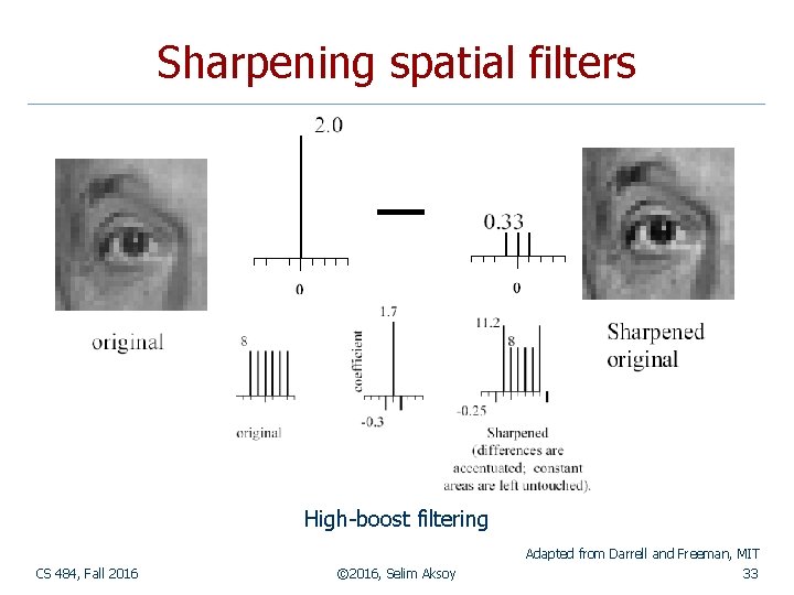 Sharpening spatial filters High-boost filtering Adapted from Darrell and Freeman, MIT CS 484, Fall