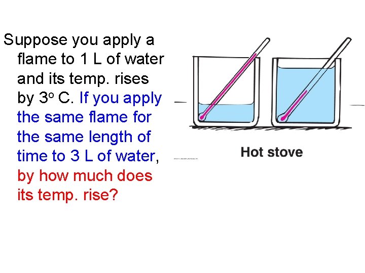 Suppose you apply a flame to 1 L of water and its temp. rises Suppose you apply a flame to 1 L of water and its temp. rises