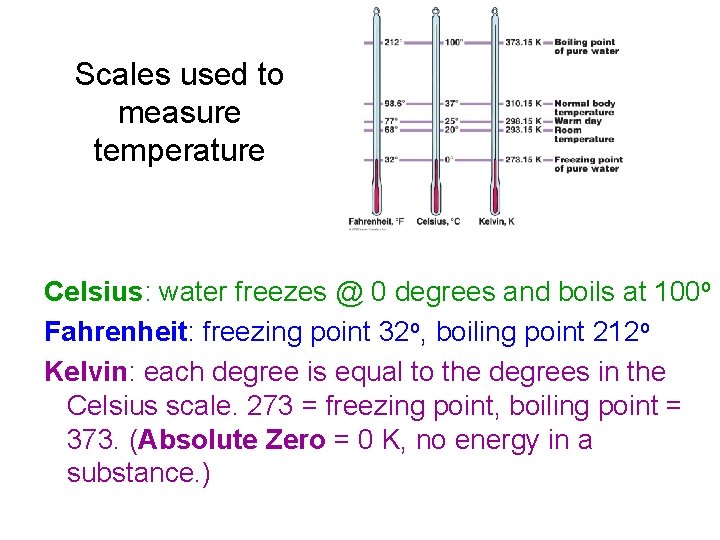 Scales used to measure temperature Celsius: water freezes @ 0 degrees and boils at Scales used to measure temperature Celsius: water freezes @ 0 degrees and boils at
