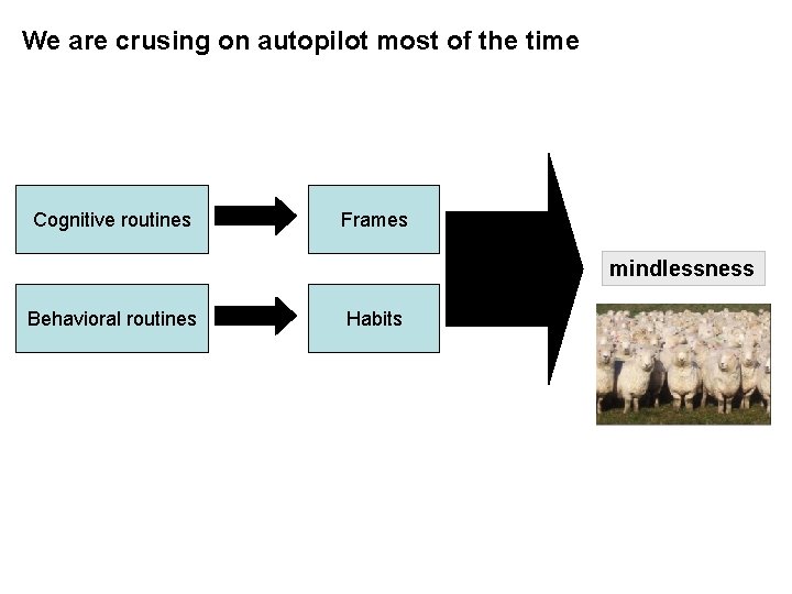 We are crusing on autopilot most of the time Cognitive routines Frames mindlessness Behavioral