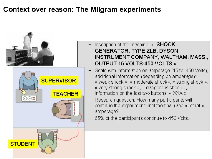 Context over reason: The Milgram experiments − Inscription of the machine: « SHOCK GENERATOR,