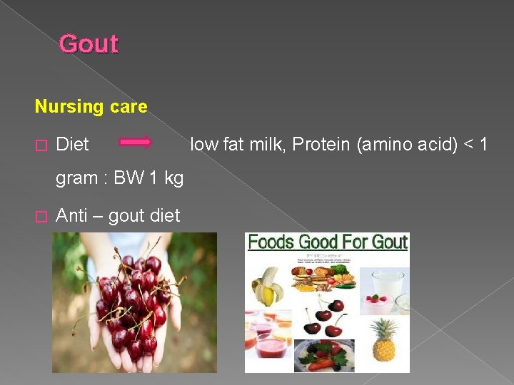 Gout Nursing care � Diet gram : BW 1 kg � Anti – gout