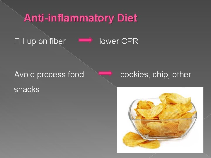 Anti-inflammatory Diet Fill up on fiber Avoid process food snacks lower CPR cookies, chip,