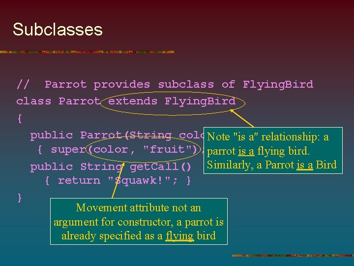Subclasses // Parrot provides subclass of Flying. Bird class Parrot extends Flying. Bird {