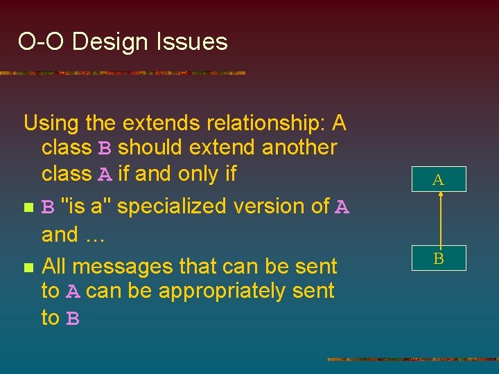 O-O Design Issues Using the extends relationship: A class B should extend another class