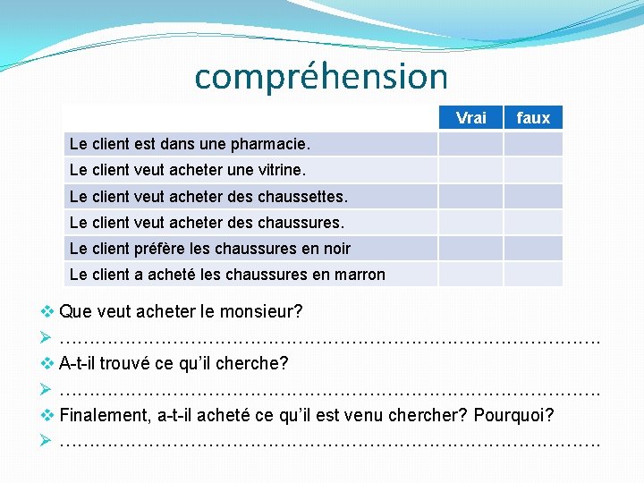 compréhension Vrai faux Le client est dans une pharmacie. Le client veut acheter une compréhension Vrai faux Le client est dans une pharmacie. Le client veut acheter une