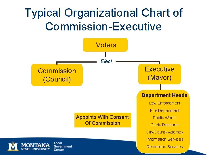 Typical Organizational Chart of Commission-Executive Voters Elect Commission (Council) Executive (Mayor) Department Heads Law Typical Organizational Chart of Commission-Executive Voters Elect Commission (Council) Executive (Mayor) Department Heads Law