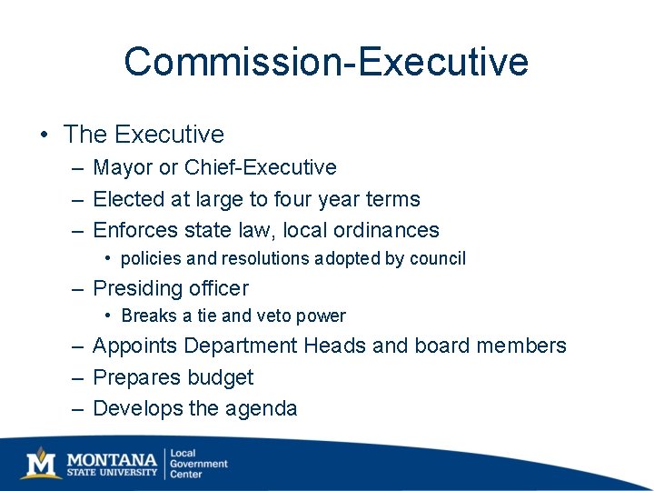 Commission-Executive • The Executive – Mayor or Chief-Executive – Elected at large to four Commission-Executive • The Executive – Mayor or Chief-Executive – Elected at large to four