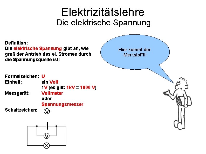 Elektrizitätslehre Die elektrische Spannung Definition: Die elektrische Spannung gibt an, wie groß der Antrieb Elektrizitätslehre Die elektrische Spannung Definition: Die elektrische Spannung gibt an, wie groß der Antrieb