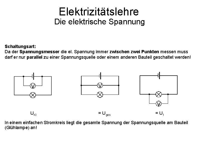 Elektrizitätslehre Die elektrische Spannung Schaltungsart: Da der Spannungsmesser die el. Spannung immer zwischen zwei Elektrizitätslehre Die elektrische Spannung Schaltungsart: Da der Spannungsmesser die el. Spannung immer zwischen zwei