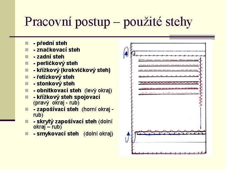 Pracovní postup – použité stehy - přední steh - značkovací steh - zadní steh