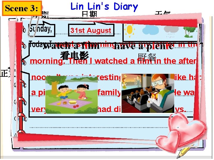 Scene 3: 正文 星期 Lin's Diary 日期 天气 31 st August wentaswimming with my