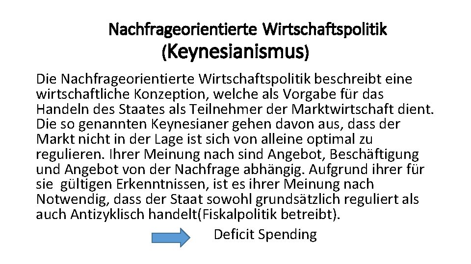 Nachfrageorientierte Wirtschaftspolitik (Keynesianismus) Die Nachfrageorientierte Wirtschaftspolitik beschreibt eine wirtschaftliche Konzeption, welche als Vorgabe für Nachfrageorientierte Wirtschaftspolitik (Keynesianismus) Die Nachfrageorientierte Wirtschaftspolitik beschreibt eine wirtschaftliche Konzeption, welche als Vorgabe für