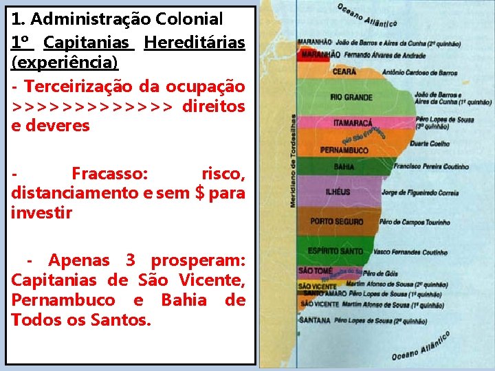 1. Administração Colonial 1º Capitanias Hereditárias (experiência) - Terceirização da ocupação >>>>>>> direitos e