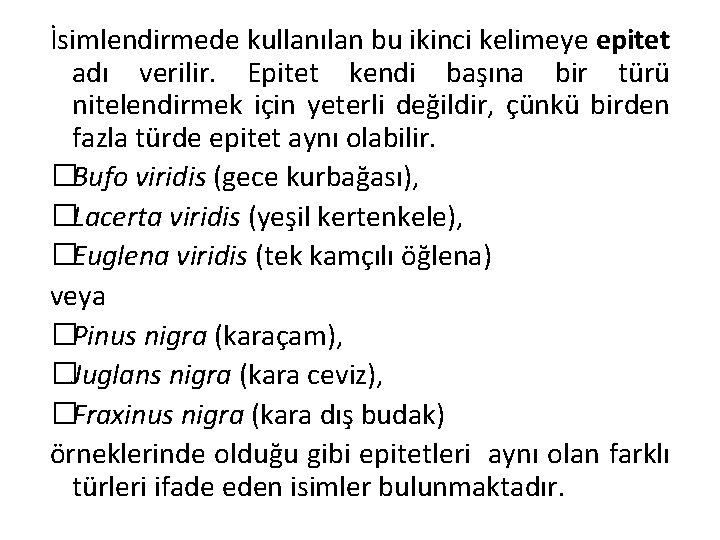 İsimlendirmede kullanılan bu ikinci kelimeye epitet adı verilir. Epitet kendi başına bir türü nitelendirmek