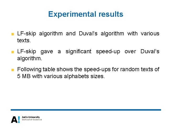 Experimental results LF-skip algorithm and Duval’s algorithm with various texts. LF-skip gave a significant