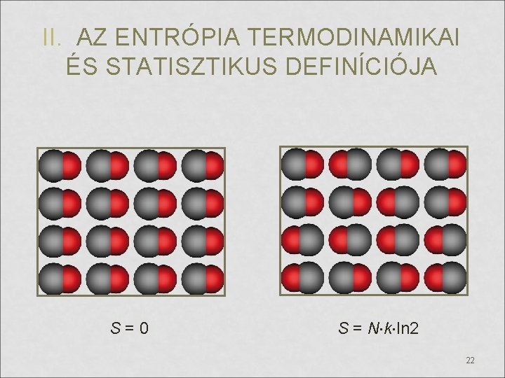 II. AZ ENTRÓPIA TERMODINAMIKAI ÉS STATISZTIKUS DEFINÍCIÓJA S = 0 S = N k