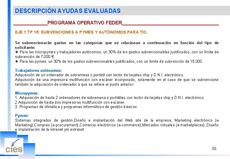 DESCRIPCIÓN AYUDAS EVALUADAS _______PROGRAMA OPERATIVO FEDER___________________ EJE 1. TP 15: SUBVENCIONES A PYMES Y