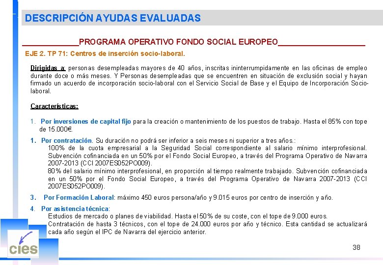DESCRIPCIÓN AYUDAS EVALUADAS _______PROGRAMA OPERATIVO FONDO SOCIAL EUROPEO__________ EJE 2. TP 71: Centros de