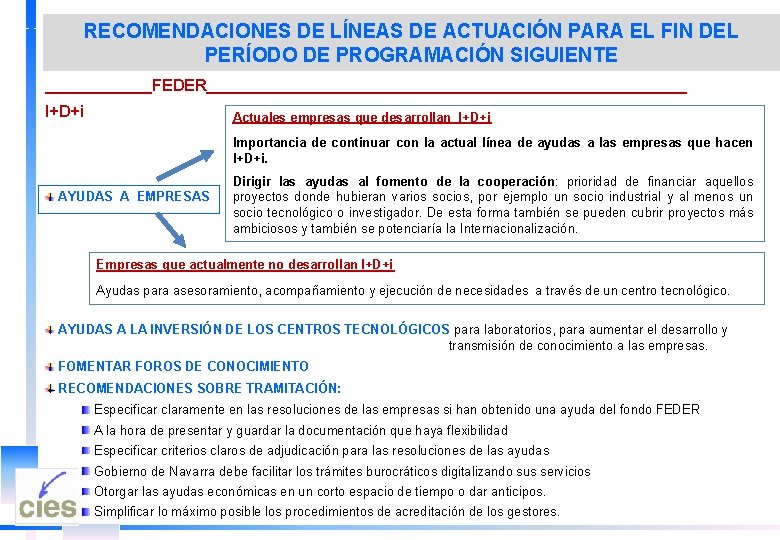 RECOMENDACIONES DE LÍNEAS DE ACTUACIÓN PARA EL FIN DEL PERÍODO DE PROGRAMACIÓN SIGUIENTE ______FEDER___________________________