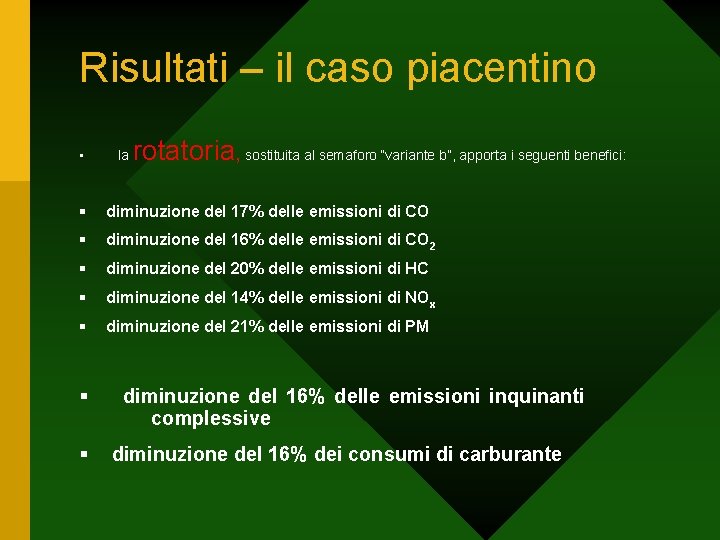 Risultati – il caso piacentino • la rotatoria, sostituita al semaforo “variante b”, apporta