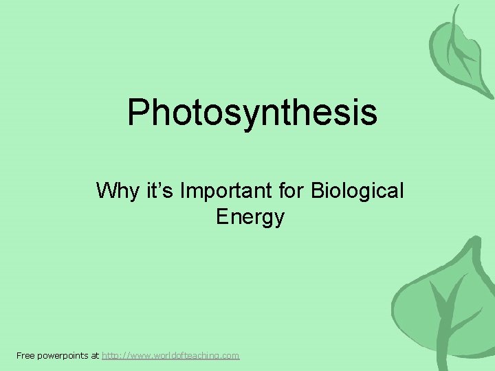 Photosynthesis Why it’s Important for Biological Energy Free powerpoints at http: //www. worldofteaching. com