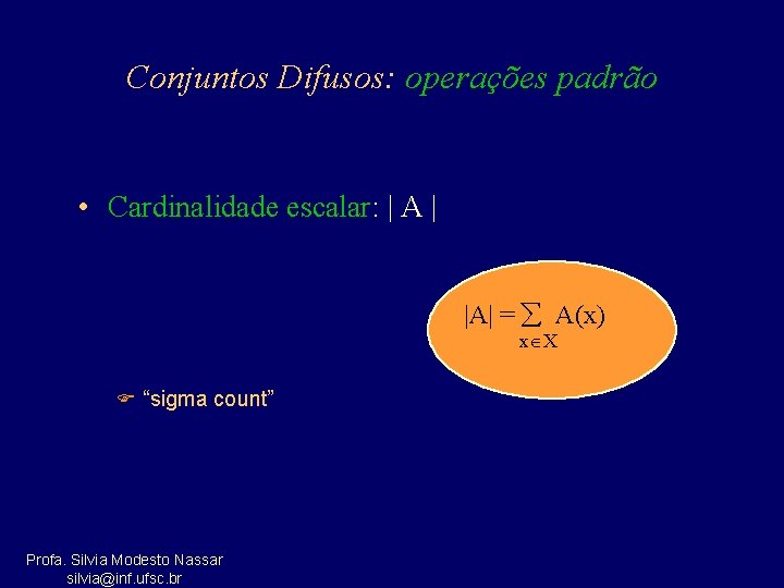 Conjuntos Difusos: operações padrão • Cardinalidade escalar: | A | |A| = A(x) x