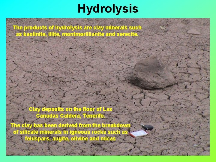 Hydrolysis The products of hydrolysis are clay minerals such as kaolinite, illite, montmorillianite and