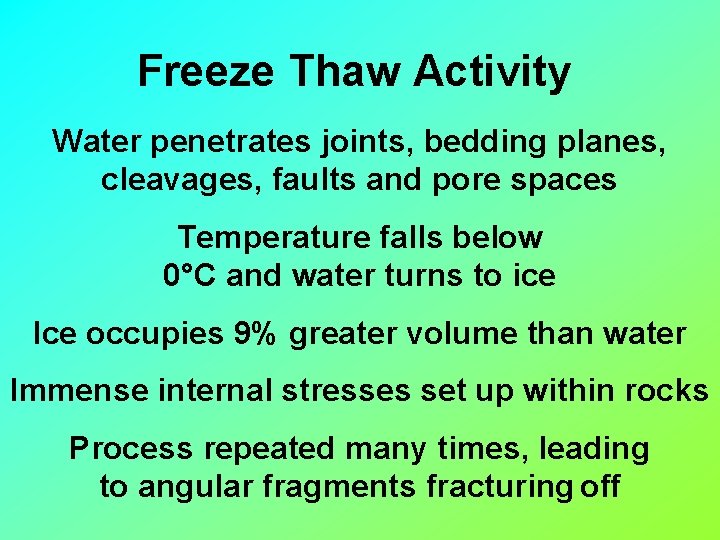 Freeze Thaw Activity Water penetrates joints, bedding planes, cleavages, faults and pore spaces Temperature
