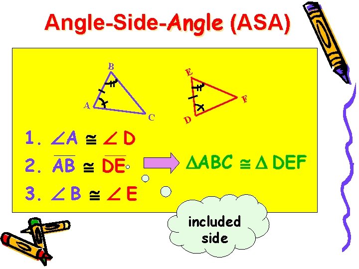 Angle-Side-Angle (ASA) B E F A C 1. A D 2. AB DE D