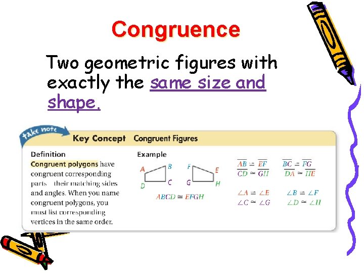 Congruence Two geometric figures with exactly the same size and shape. 