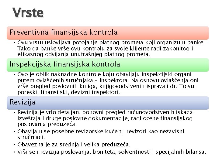Vrste Preventivna finansijska kontrola • Ovu vrstu uslovljava potojanje platnog prometa koji organizuju banke.