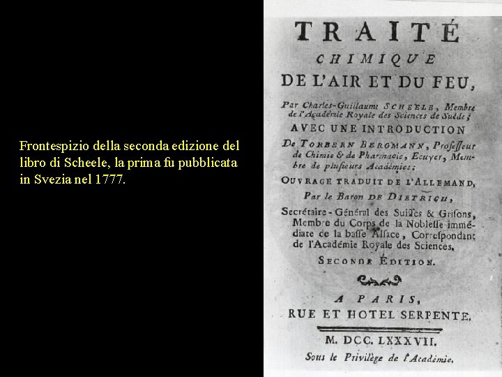 Frontespizio della seconda edizione del libro di Scheele, la prima fu pubblicata in Svezia Frontespizio della seconda edizione del libro di Scheele, la prima fu pubblicata in Svezia