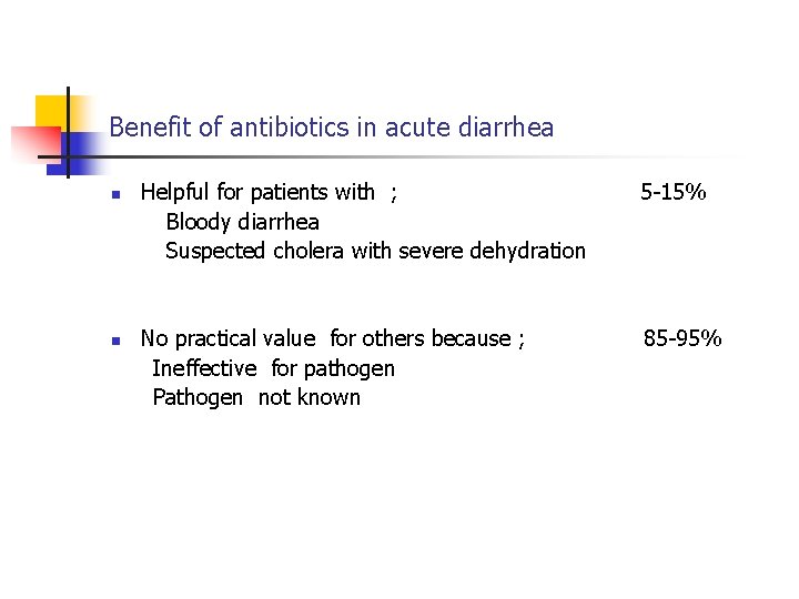 Benefit of antibiotics in acute diarrhea n n Helpful for patients with ; Bloody