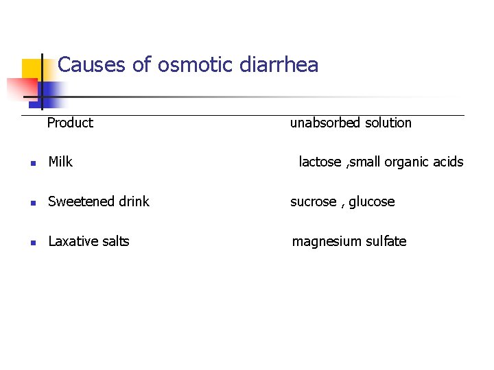 Causes of osmotic diarrhea Product unabsorbed solution n Milk lactose , small organic acids