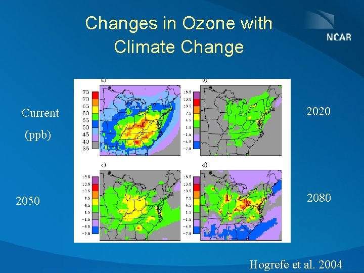 Changes in Ozone with Climate Change Current 2020 (ppb) 2050 2080 Hogrefe et al.