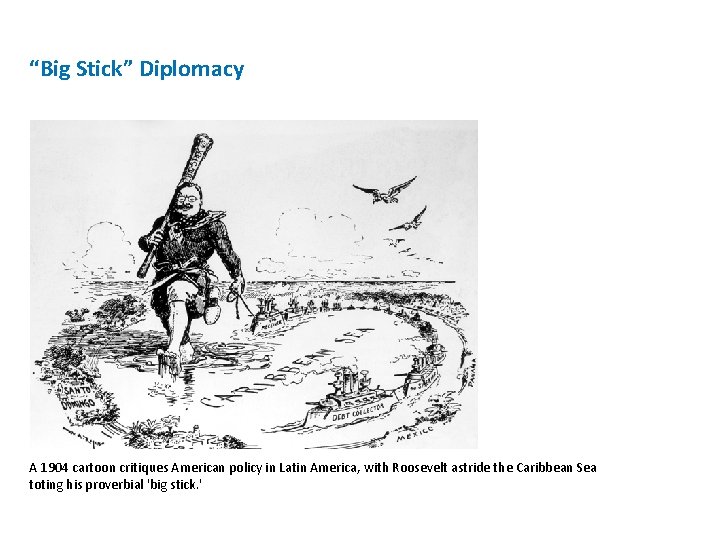 “Big Stick” Diplomacy A 1904 cartoon critiques American policy in Latin America, with Roosevelt