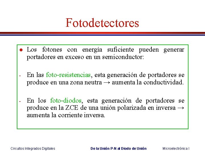 Fotodetectores l Los fotones con energía suficiente pueden generar portadores en exceso en un Fotodetectores l Los fotones con energía suficiente pueden generar portadores en exceso en un