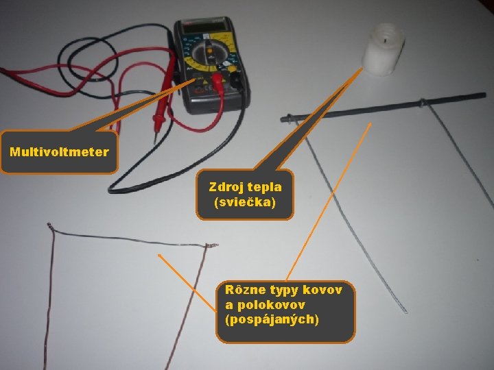 Multivoltmeter Zdroj tepla (sviečka) Rôzne typy kovov a polokovov (pospájaných) 