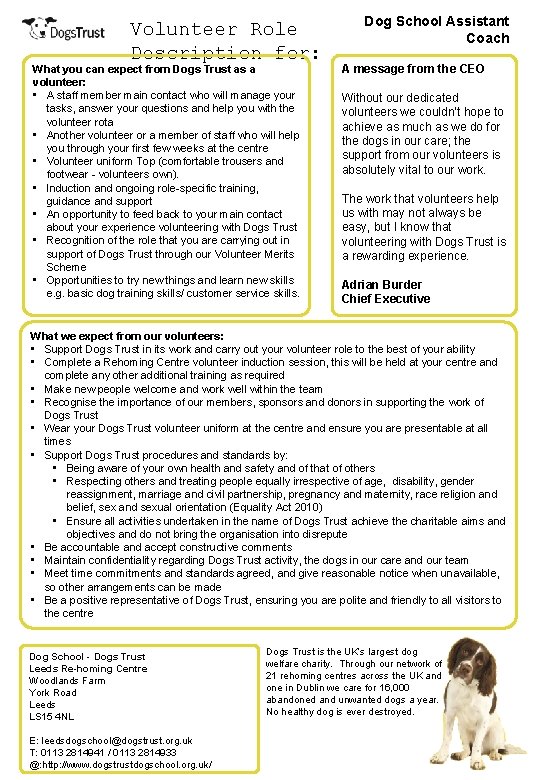 Volunteer Role Description for: What you can expect from Dogs Trust as a volunteer: