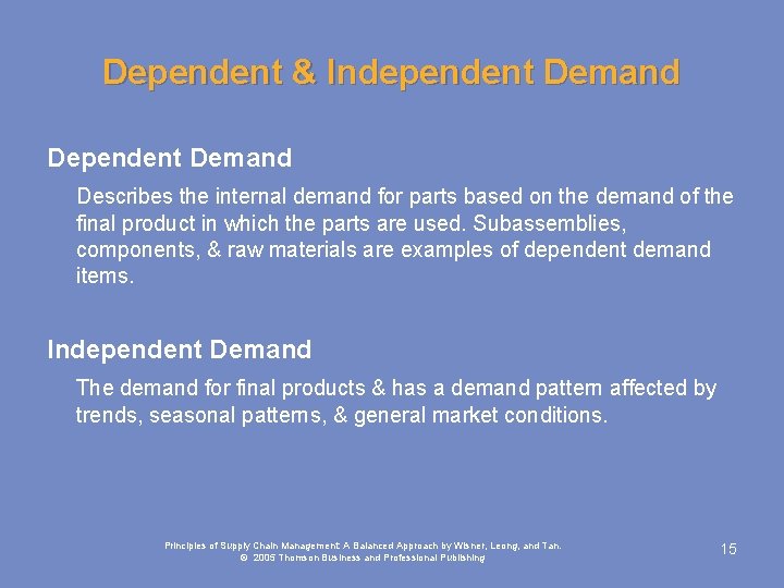 Dependent & Independent Demand Describes the internal demand for parts based on the demand